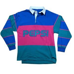 Vintage 80s Pepsi Rugby Polo Long Sleeve Colorblock Shirt M